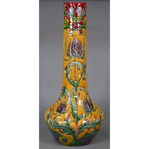 645 - A French Art Nouveau Longchamp Terre de Fer majolica large bottle vase, tubeline-decorated with arti... 