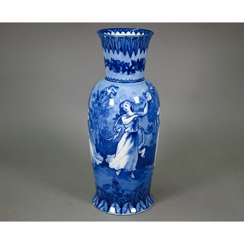 649 - An Edwardian Doulton Burslem Morrisian Ware large blue and white vase, printed with girls dancing an... 