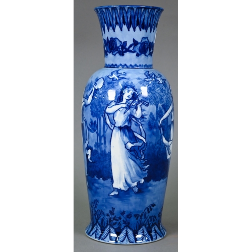 649 - An Edwardian Doulton Burslem Morrisian Ware large blue and white vase, printed with girls dancing an... 