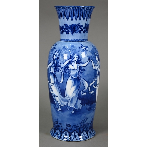 649 - An Edwardian Doulton Burslem Morrisian Ware large blue and white vase, printed with girls dancing an... 