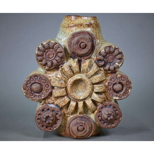 659 - Bernard Rooke (b 1938) - An abstract design stoneware wheel-vase with roundels, 19.5 cm highARR may ... 