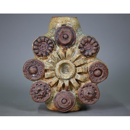 659 - Bernard Rooke (b 1938) - An abstract design stoneware wheel-vase with roundels, 19.5 cm highARR may ... 