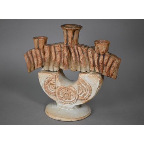 660 - Bernard Rooke (b 1938) - An abstract design stoneware candelabrum with three sconces, 24 cm high x 2... 