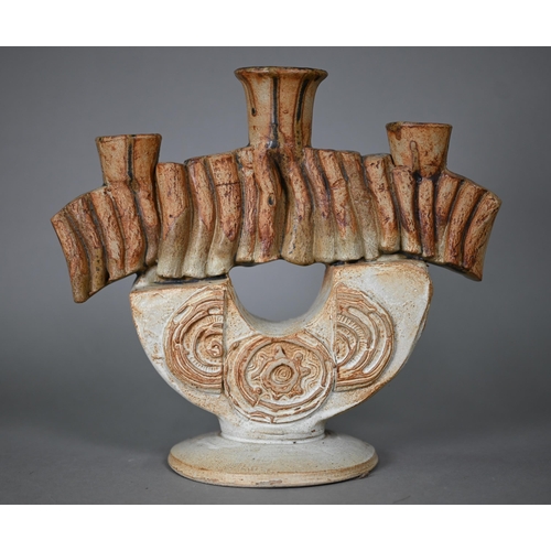 660 - Bernard Rooke (b 1938) - An abstract design stoneware candelabrum with three sconces, 24 cm high x 2... 