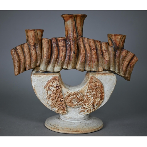 660 - Bernard Rooke (b 1938) - An abstract design stoneware candelabrum with three sconces, 24 cm high x 2... 