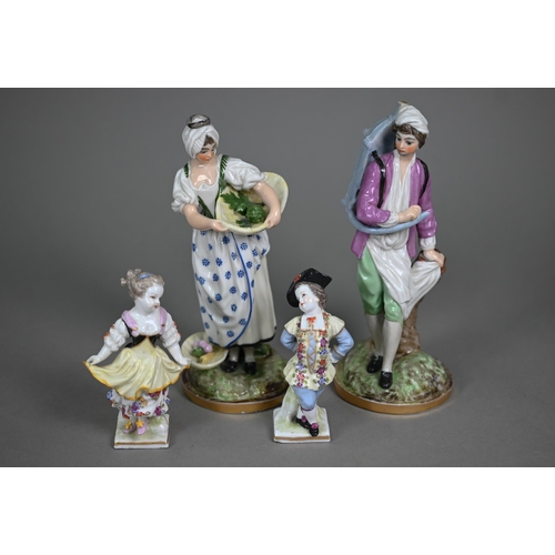 663 - Two antique Continental porcelain figures of street-vendors, to/w a pair of (probably) Samson of Par... 