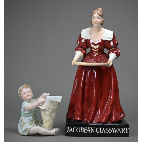 665 - A Czechoslovakia pottery figure of a 17th century female with tray, inscribed on base 'Jacobean Glas... 