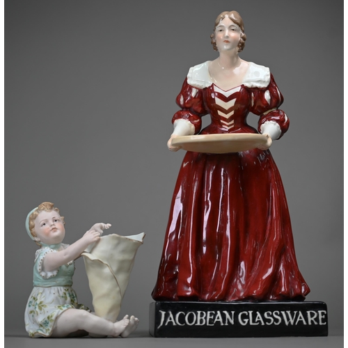 665 - A Czechoslovakia pottery figure of a 17th century female with tray, inscribed on base 'Jacobean Glas... 