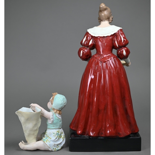 665 - A Czechoslovakia pottery figure of a 17th century female with tray, inscribed on base 'Jacobean Glas... 