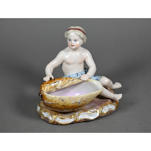 675 - A late 19th century Meissen porcelain salt, modelled as a putto with a seashell, incised 'F182', 11 ... 