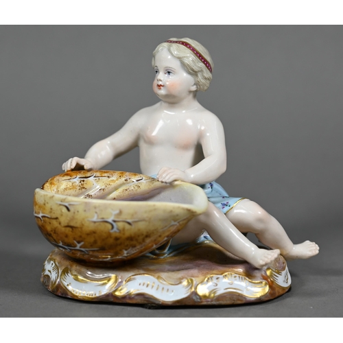 675 - A late 19th century Meissen porcelain salt, modelled as a putto with a seashell, incised 'F182', 11 ... 