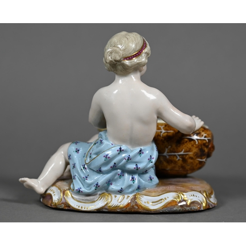 675 - A late 19th century Meissen porcelain salt, modelled as a putto with a seashell, incised 'F182', 11 ... 