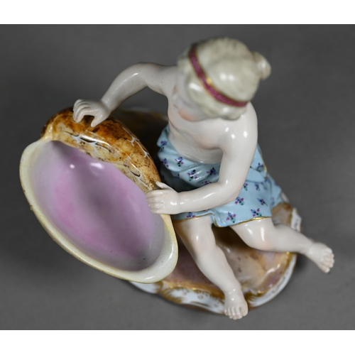 675 - A late 19th century Meissen porcelain salt, modelled as a putto with a seashell, incised 'F182', 11 ... 