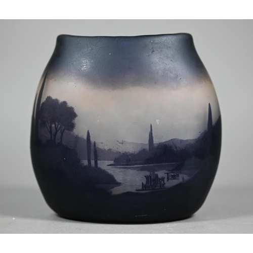 676 - Müller Frères cameo glass purse-vase, worked with river landscapes, signed 'Muller Freres Luneville'... 