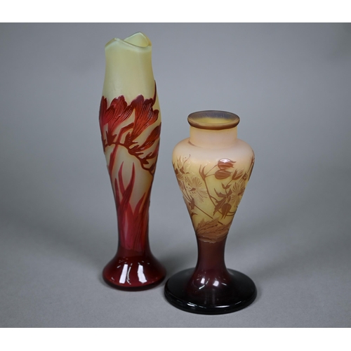 677 - Two floral-decorated cameo glass vases in the Art Nouveau manner, inscribed 'Gallé' 23/16.5 c... 