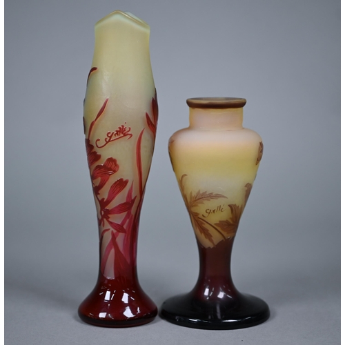 677 - Two floral-decorated cameo glass vases in the Art Nouveau manner, inscribed 'Gallé' 23/16.5 c... 