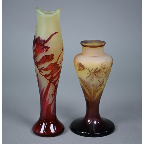 677 - Two floral-decorated cameo glass vases in the Art Nouveau manner, inscribed 'Gallé' 23/16.5 c... 