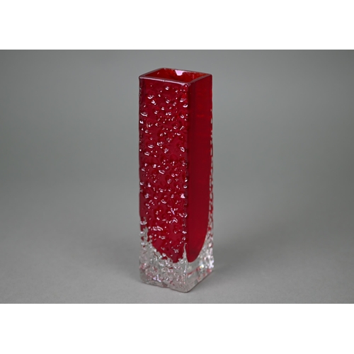 678 - A Whitefriars ruby square vase with textured and polished sides, 16.5 cm high, with partial original... 