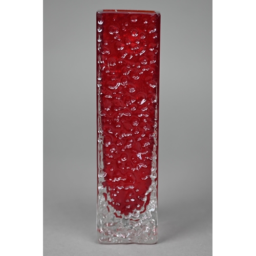 678 - A Whitefriars ruby square vase with textured and polished sides, 16.5 cm high, with partial original... 