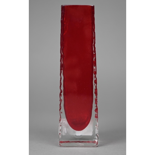 678 - A Whitefriars ruby square vase with textured and polished sides, 16.5 cm high, with partial original... 