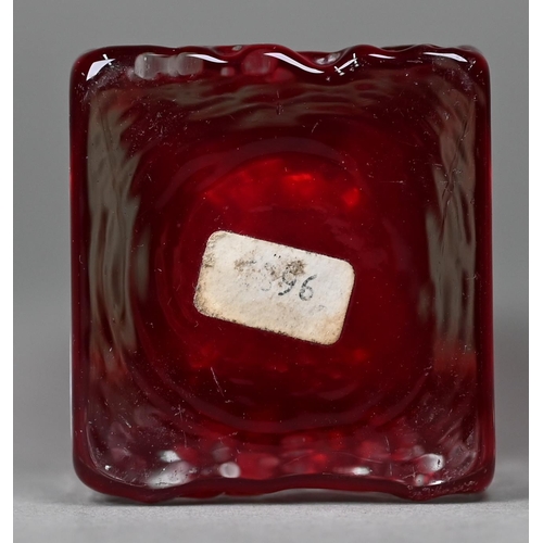 678 - A Whitefriars ruby square vase with textured and polished sides, 16.5 cm high, with partial original... 