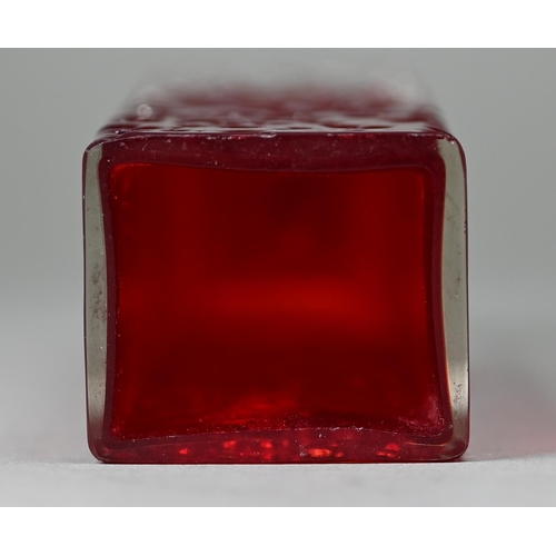 678 - A Whitefriars ruby square vase with textured and polished sides, 16.5 cm high, with partial original... 