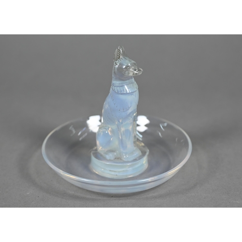 679 - A Lalique blue opalescent glass 'chien' pin dish, script 'R Lalique France No 290' mark 9 cm high