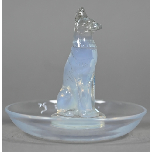 679 - A Lalique blue opalescent glass 'chien' pin dish, script 'R Lalique France No 290' mark 9 cm high