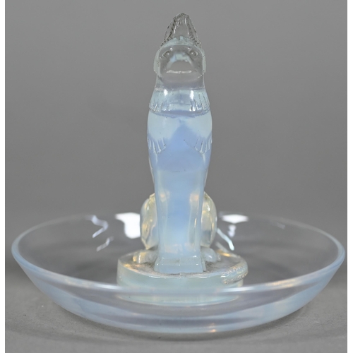 679 - A Lalique blue opalescent glass 'chien' pin dish, script 'R Lalique France No 290' mark 9 cm high