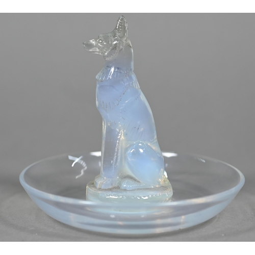 679 - A Lalique blue opalescent glass 'chien' pin dish, script 'R Lalique France No 290' mark 9 cm high