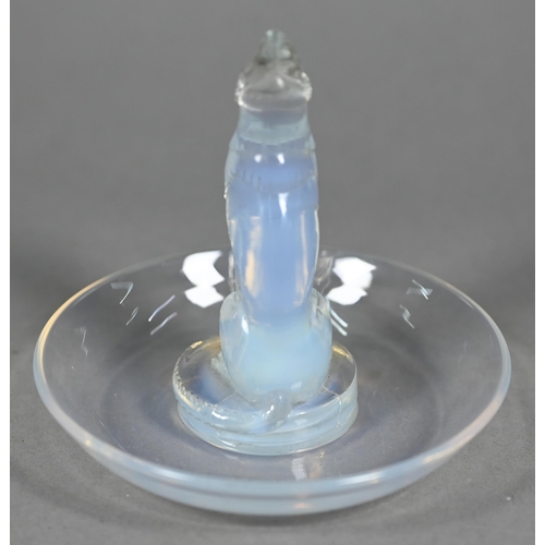 679 - A Lalique blue opalescent glass 'chien' pin dish, script 'R Lalique France No 290' mark 9 cm high