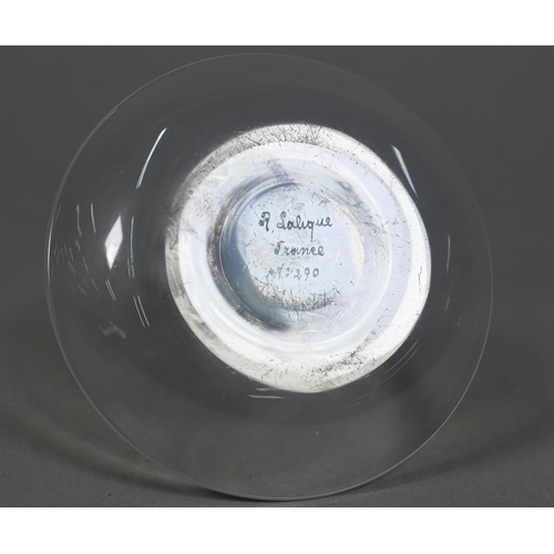 679 - A Lalique blue opalescent glass 'chien' pin dish, script 'R Lalique France No 290' mark 9 cm high