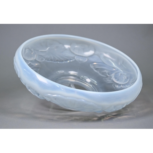 680 - A 1930s blue opalescent pressed glass bowl, moulded with waterlilies (unmarked) 28 cm diam