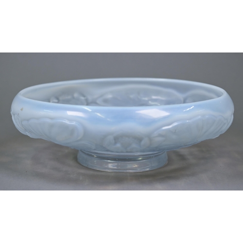 680 - A 1930s blue opalescent pressed glass bowl, moulded with waterlilies (unmarked) 28 cm diam