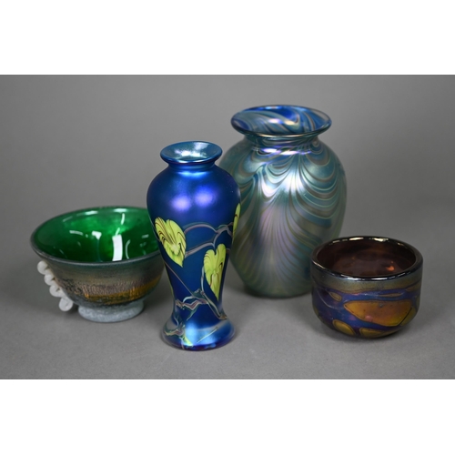 682 - Four various studio glass pieces including Loetz-style iridescent ovoid vase by Okra and an Art Nouv... 