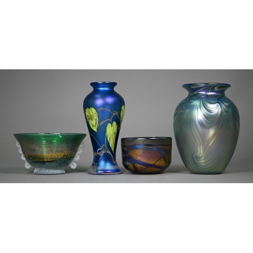 682 - Four various studio glass pieces including Loetz-style iridescent ovoid vase by Okra and an Art Nouv... 