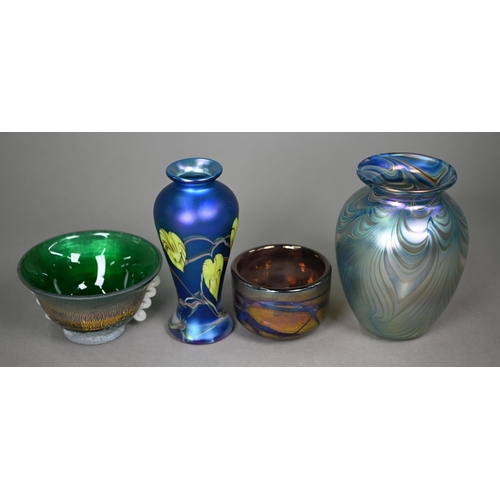 682 - Four various studio glass pieces including Loetz-style iridescent ovoid vase by Okra and an Art Nouv... 