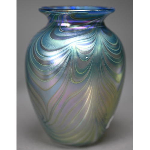 682 - Four various studio glass pieces including Loetz-style iridescent ovoid vase by Okra and an Art Nouv... 