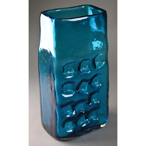 683 - A large Whitefriars blue rectangular glass vase with impressed dimples textured design by Geoffrey B... 