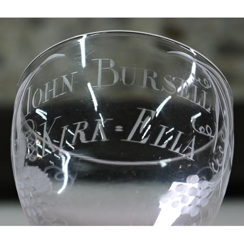 693 - A Georgian glass rummer, the bowl etched 'John Bursell Kirk-Ella', on short-stemmed conical foot, 13... 