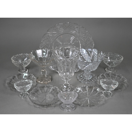 695 - A pair of Regency cut glass oval stemmed bonbon baskets and three matching salts to/w a celery vase,... 