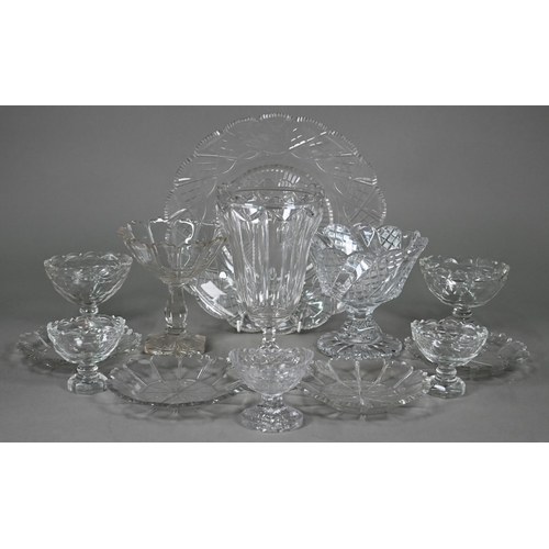 695 - A pair of Regency cut glass oval stemmed bonbon baskets and three matching salts to/w a celery vase,... 