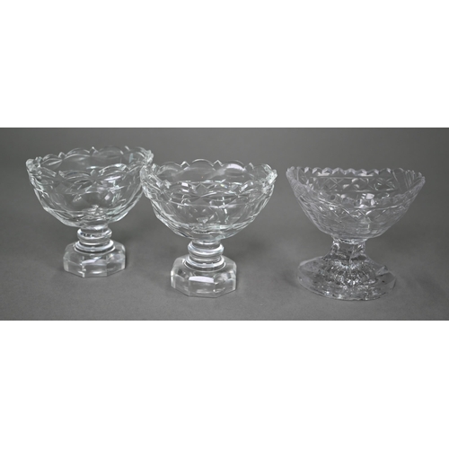 695 - A pair of Regency cut glass oval stemmed bonbon baskets and three matching salts to/w a celery vase,... 