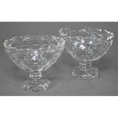 695 - A pair of Regency cut glass oval stemmed bonbon baskets and three matching salts to/w a celery vase,... 