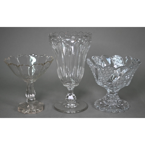 695 - A pair of Regency cut glass oval stemmed bonbon baskets and three matching salts to/w a celery vase,... 