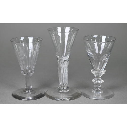 697 - A Georgian drinking glass with conical bowl on airtwist stem and domed foot, 12.5 cm to/w two glasse... 