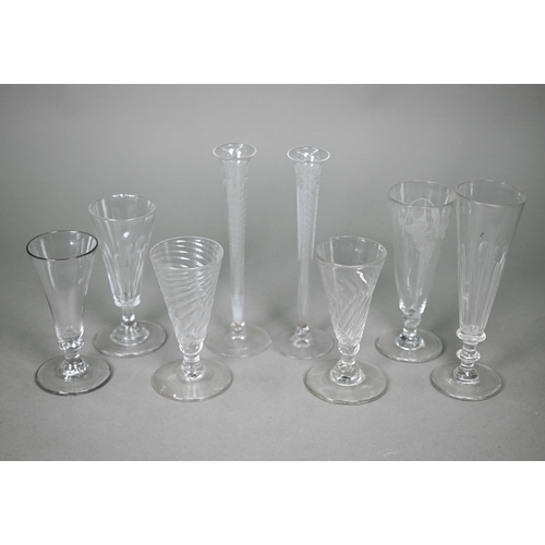698 - A pair of 19th century slender glass flute glasses with foliate etched decoration and ground-out pon... 
