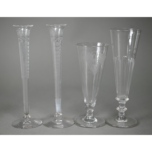 698 - A pair of 19th century slender glass flute glasses with foliate etched decoration and ground-out pon... 