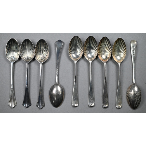 73 - An Edwardian cased set of six coffee spoons and tongs with shell bowls, London 1903, to/w eleven sea... 