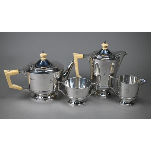 95 - A heavy quality Art Deco silver 4 piece tea set,of tapering cylindrical form with ivory handles and ... 